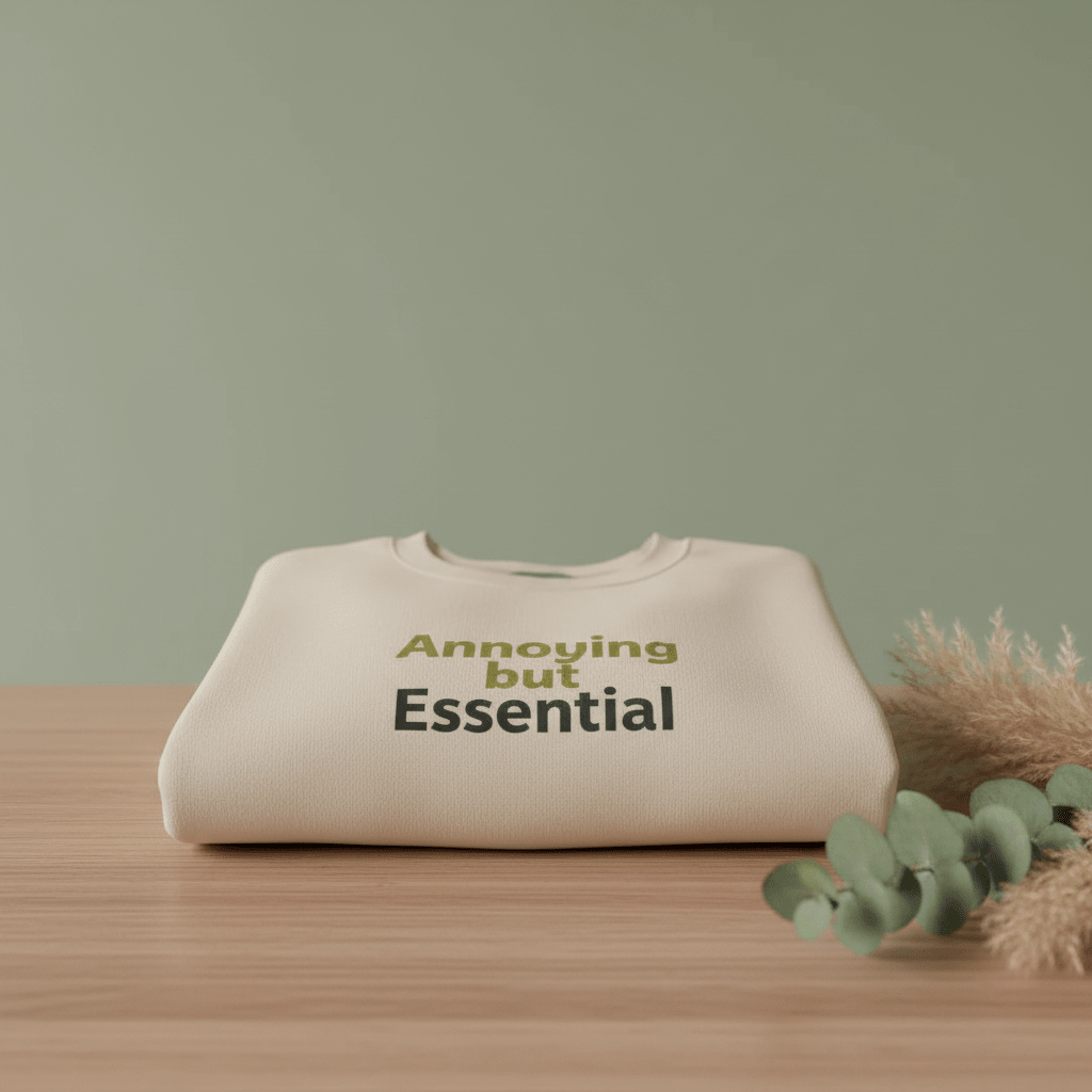 Light sand unisex sweatshirt with 'Annoying but Essential' slogan on front