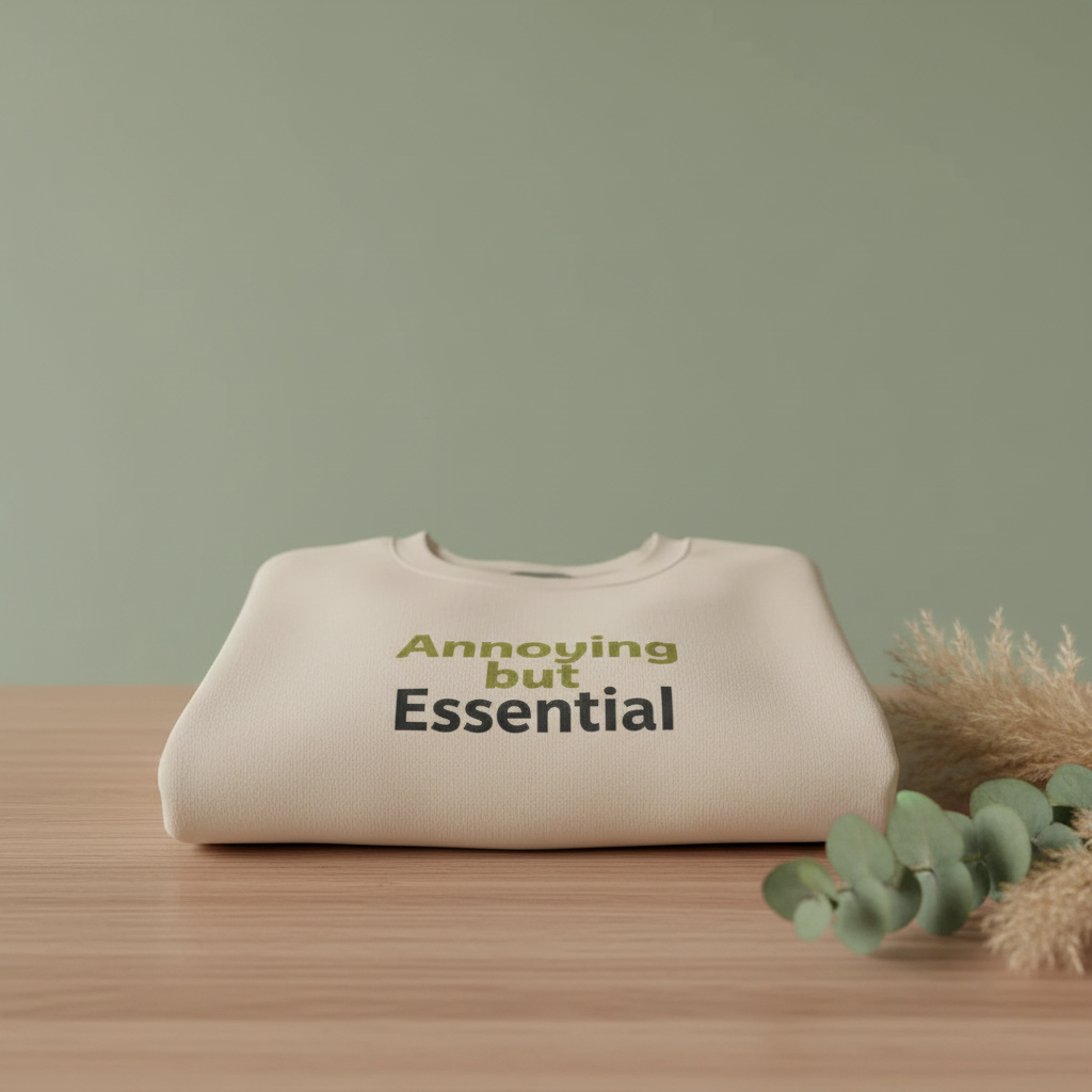 Light sand unisex sweatshirt with 'Annoying but Essential' slogan on front