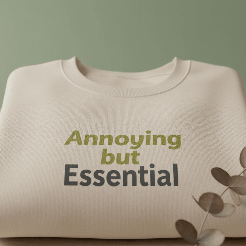 Light sand unisex sweatshirt front view with 'Annoying but Essential' print