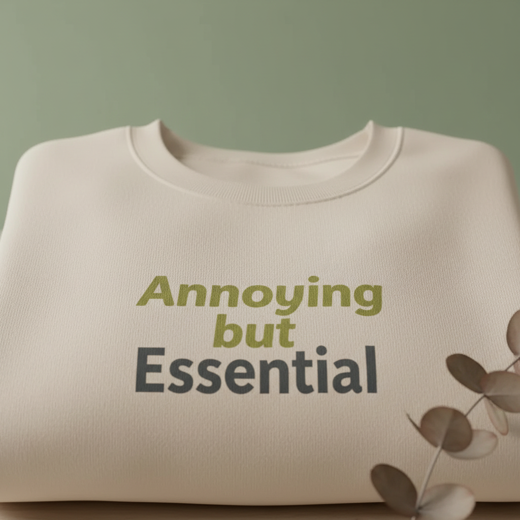 Light sand unisex sweatshirt front view with 'Annoying but Essential' print