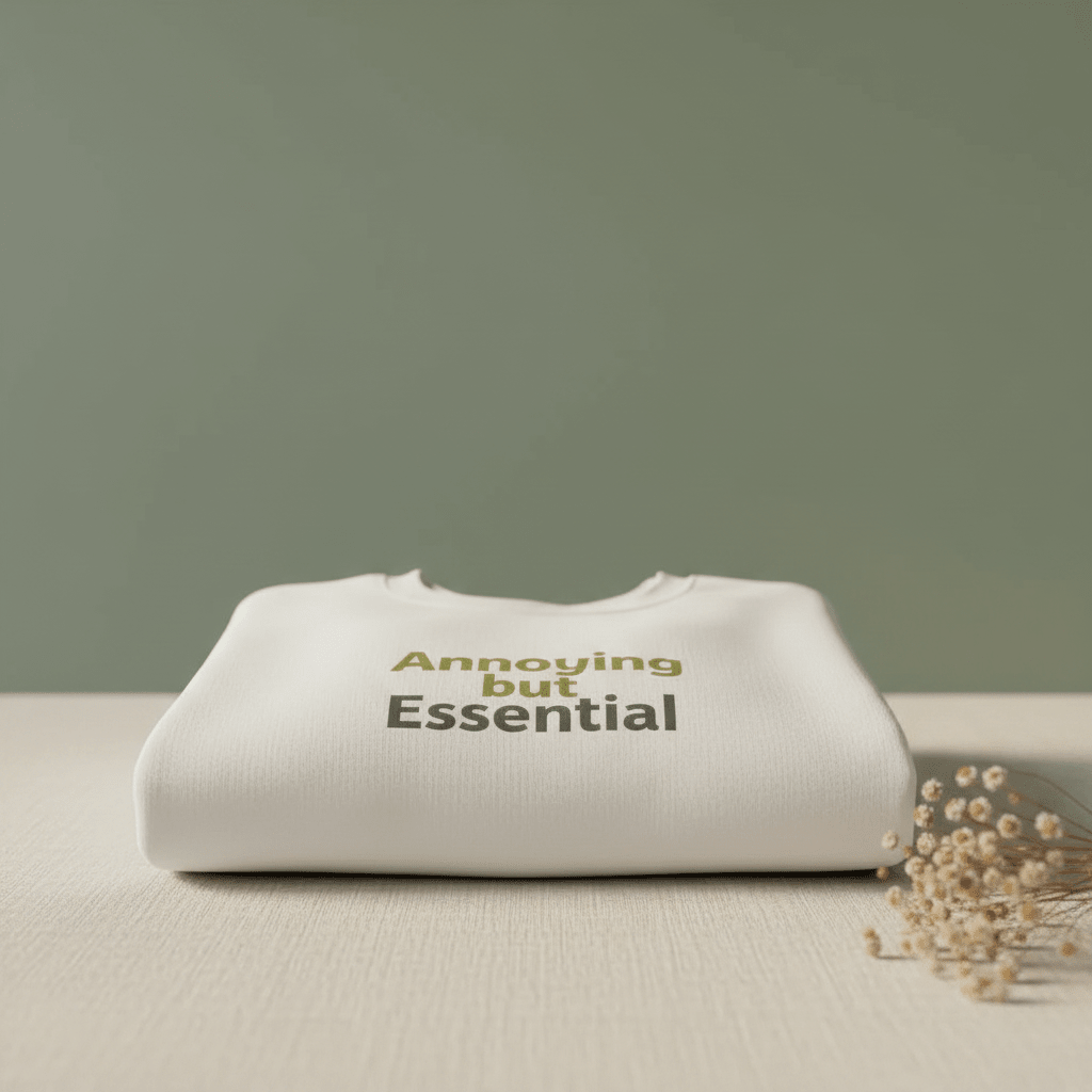 Light sand unisex sweatshirt folded on a surface with 'Annoying but Essential'