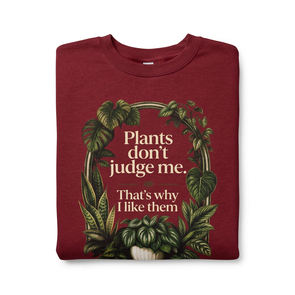 Antique cherry red sweatshirt with large plant quote graphic on front