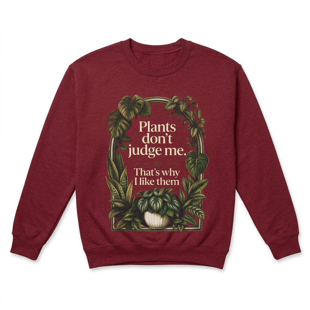 Antique cherry red sweatshirt with plant quote graphic on back