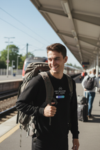 Black crewneck sweatshirt with printed chest logo, long sleeves