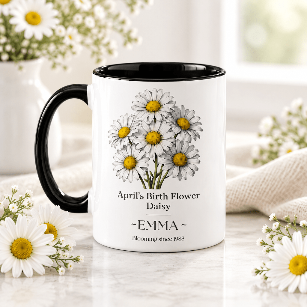 Personalised birth flower mug with black handle; April daisy; name EMMA.