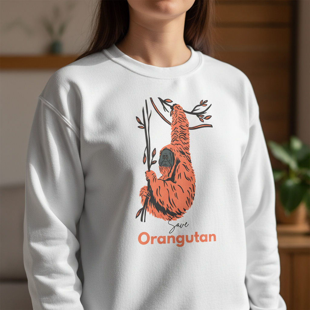White crew sweatshirt close-up with orange orangutan graphic and 'Save' wording