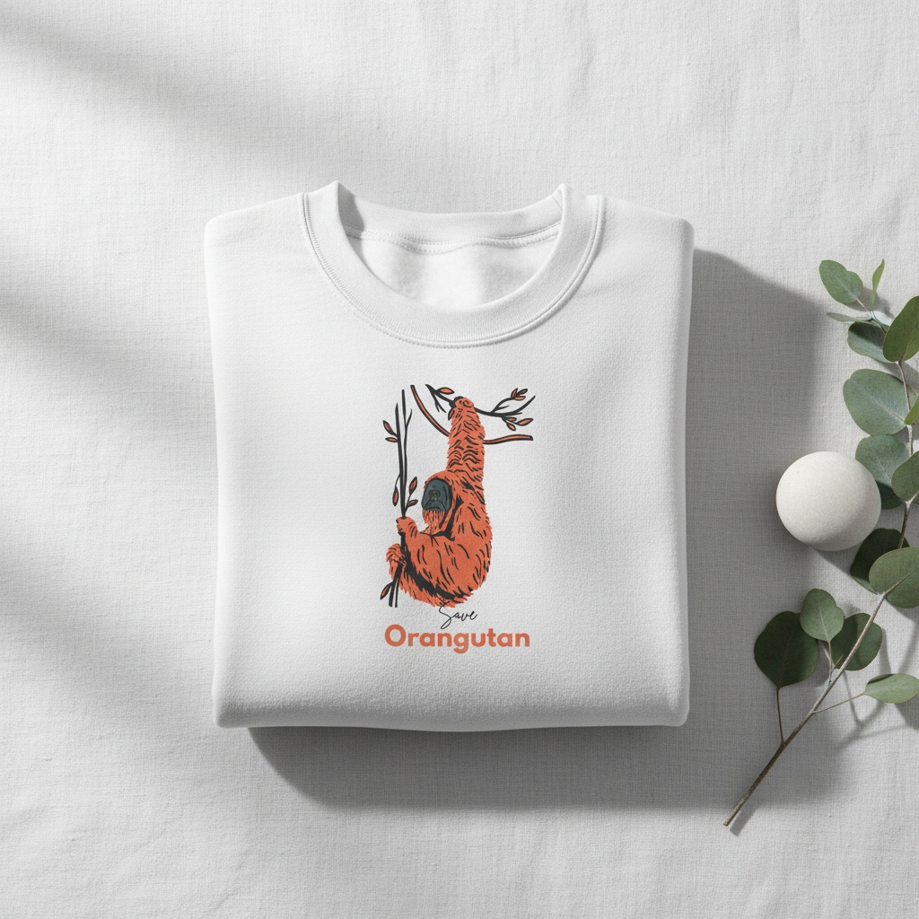 White crew sweatshirt with orange orangutan graphic on the chest