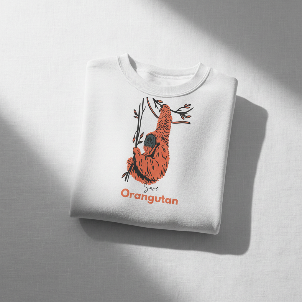 White sweatshirt folded with front orange orangutan graphic and red 'Orangutan' text