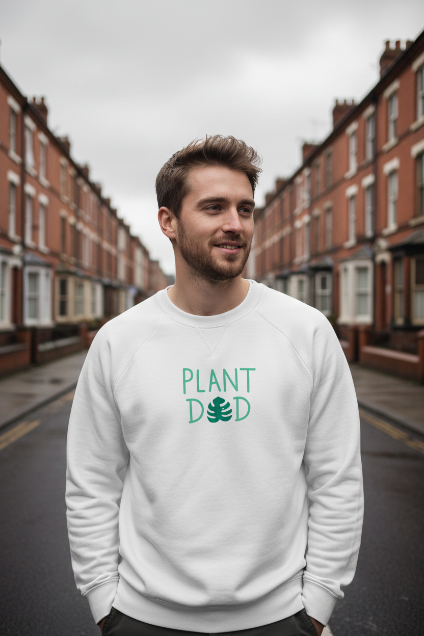 White crewneck sweatshirt with 'PLANT' graphic and small plant icon on chest