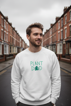 White crewneck sweatshirt with 'PLANT' graphic and small plant icon on chest