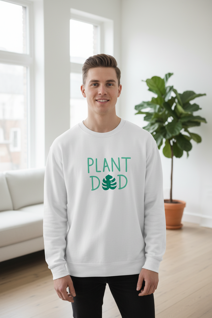 White crewneck sweatshirt on a man with “PLANT DED” plant graphic
