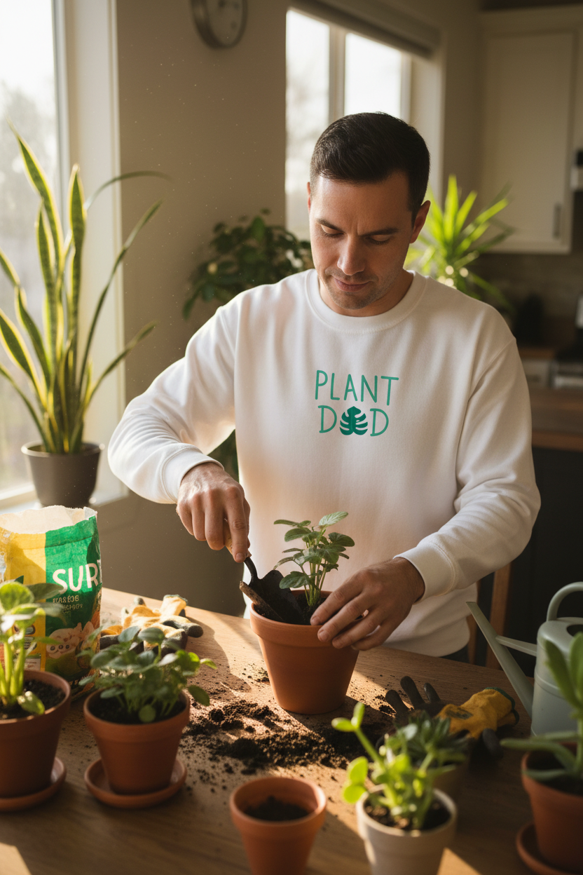 White crewneck sweatshirt worn by a man, “PLANT DED” plant graphic