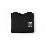 Black sweatshirt with embroidered camera patch and ARIA name