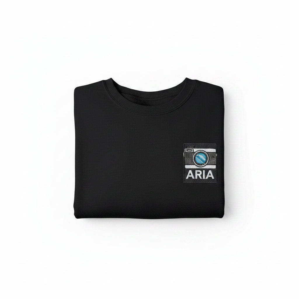 Black sweatshirt with embroidered camera patch and ARIA name