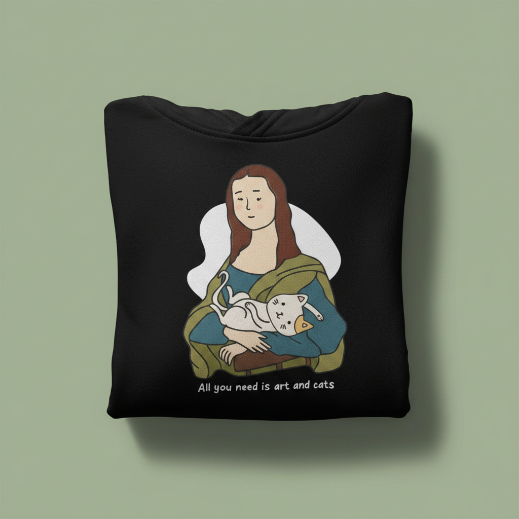Black cat lover hoodie with front graphic of a woman holding a cat