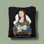Black hoodie with front graphic of a woman holding a cat and the text below