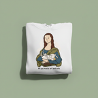 White cat lover hoodie with front graphic of a woman holding a cat