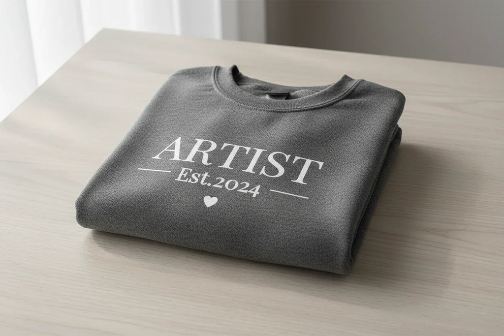 Dark gray personalised sweatshirt with 'ARTIST' Est.2024 front print and small heart