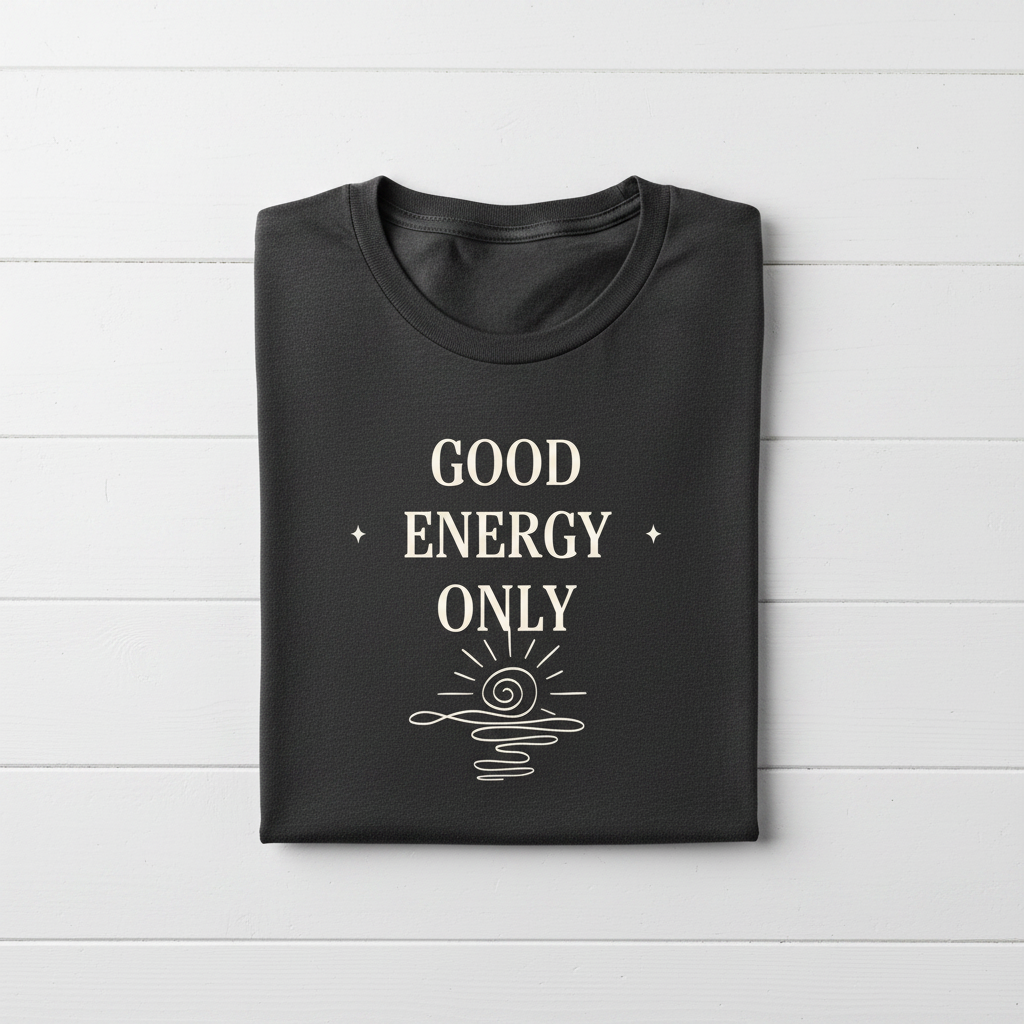 Charcoal t-shirt with “GOOD ENERGY ONLY” graphic and small sparkle icons on the front.