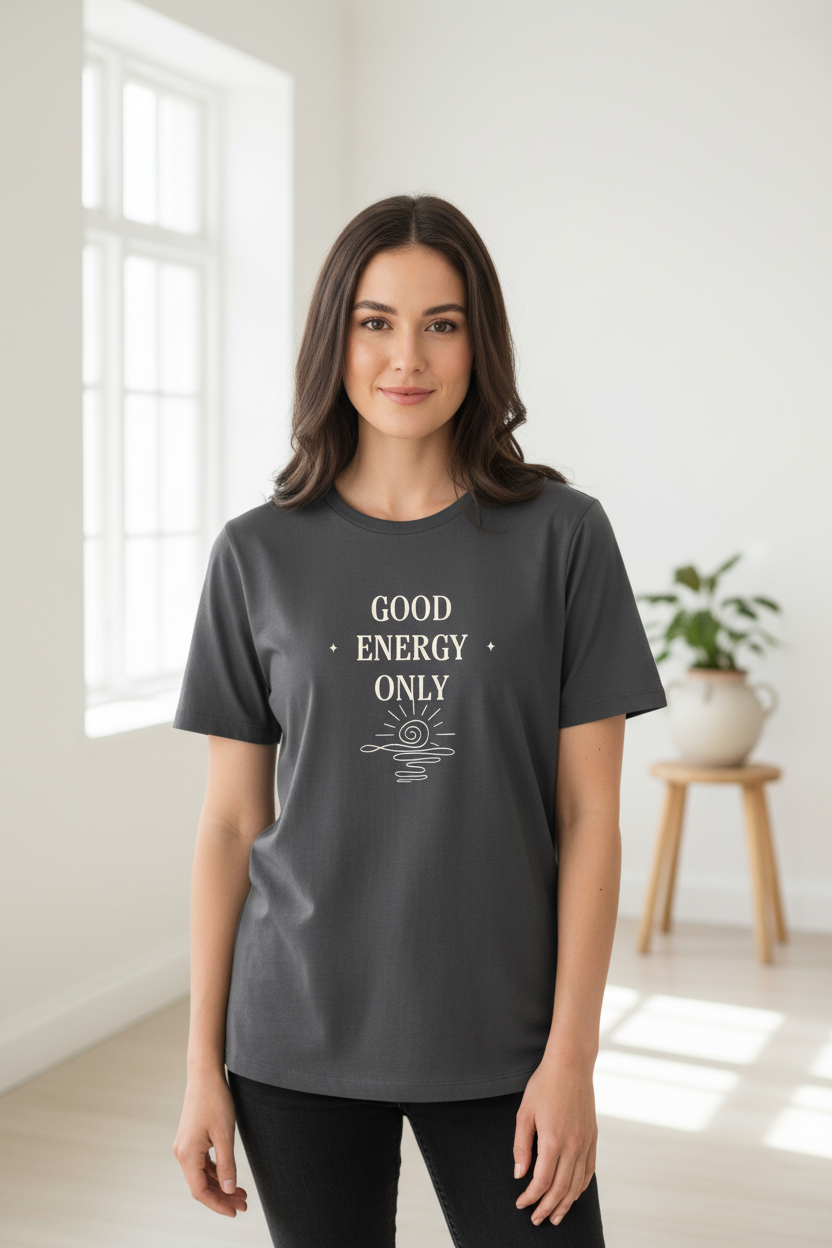Dark gray t-shirt worn by a model with “GOOD ENERGY ONLY” sunburst graphic on front.
