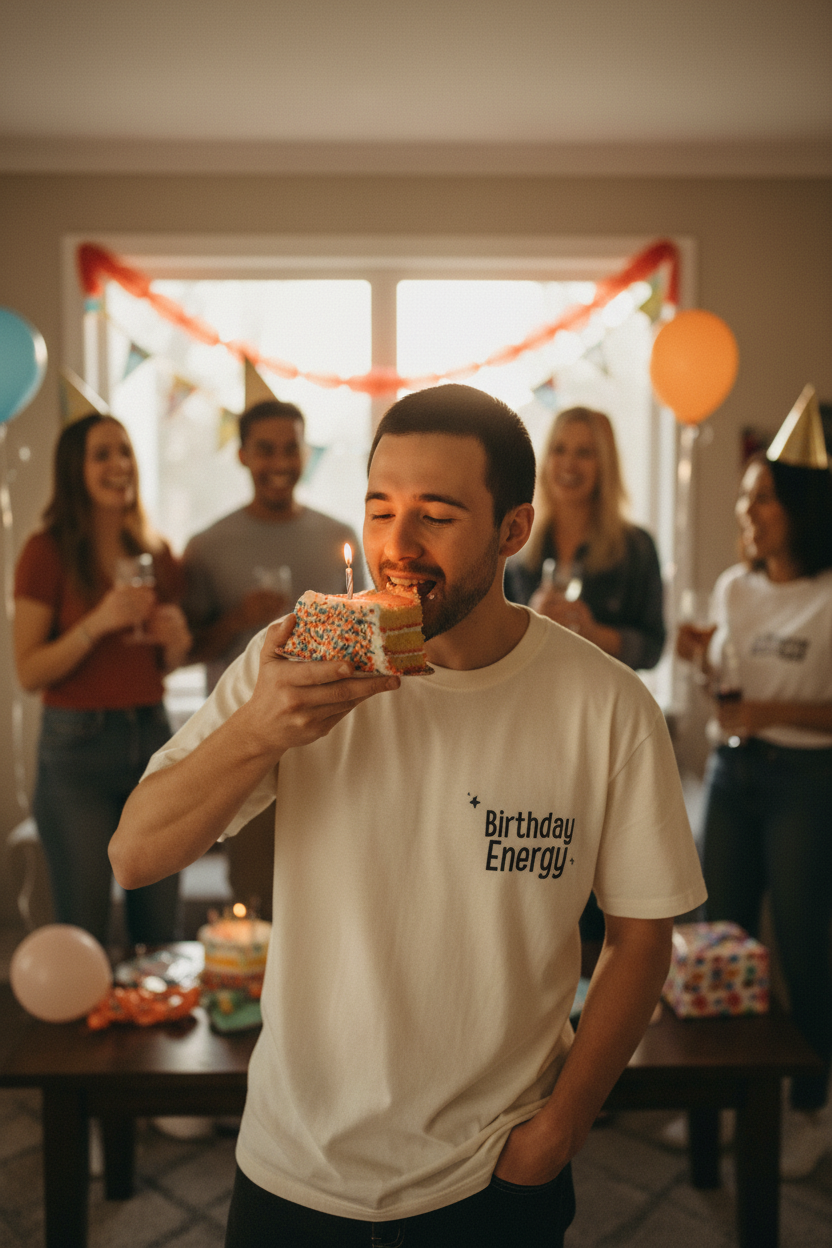 White crew-neck T-shirt with 'Birthday Energy' chest graphic, worn with jeans