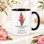 Personalised birth flower mug with black handle; August gladiolus; name EMMA.
