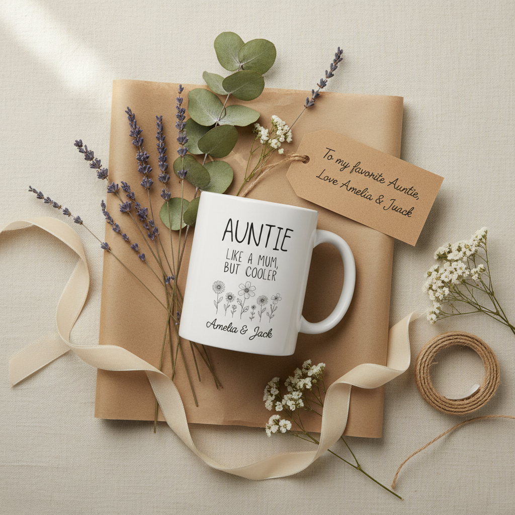 Auntie mug flat lay gift styling