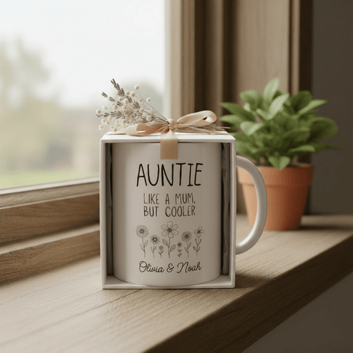 White ceramic mug with auntie quote and floral icons in gift box with bow