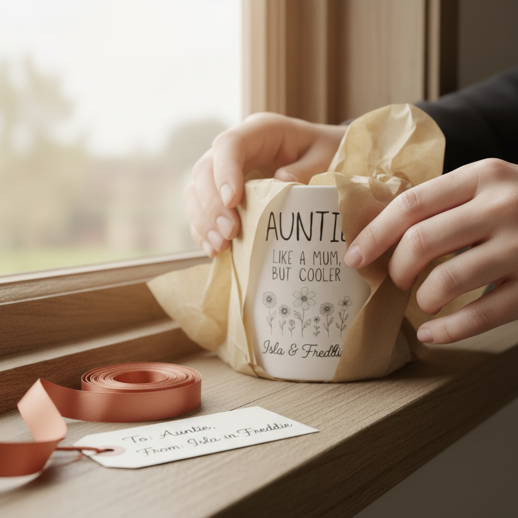 Auntie mug gift wrapping UGC