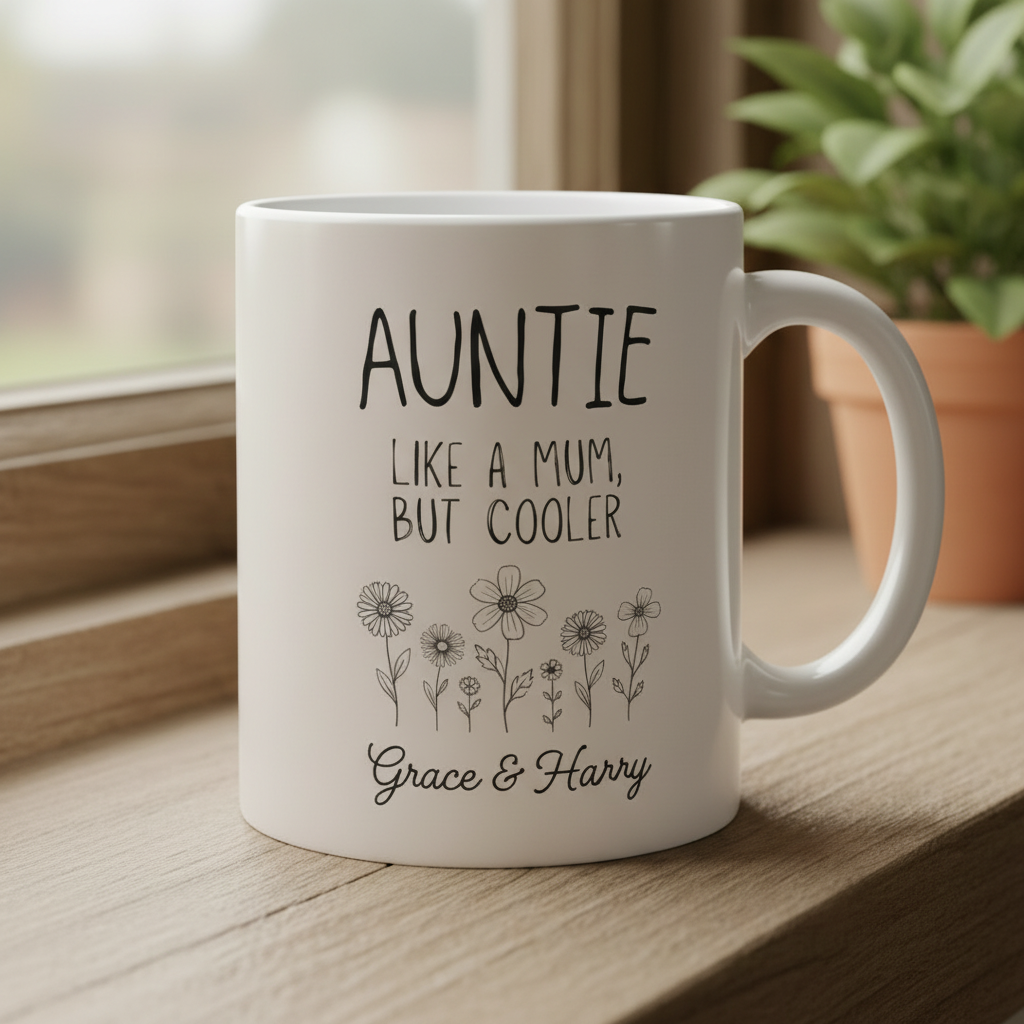 Auntie mug zoomed in windowsill