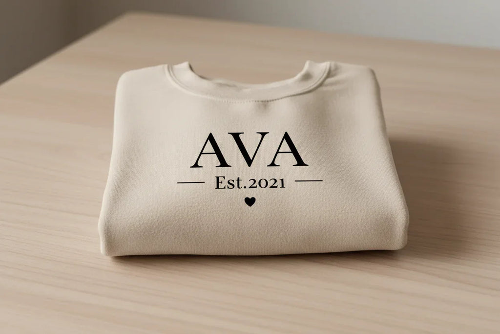 Cream personalised sweatshirt with 'AVA' Est.2021 front print and small heart
