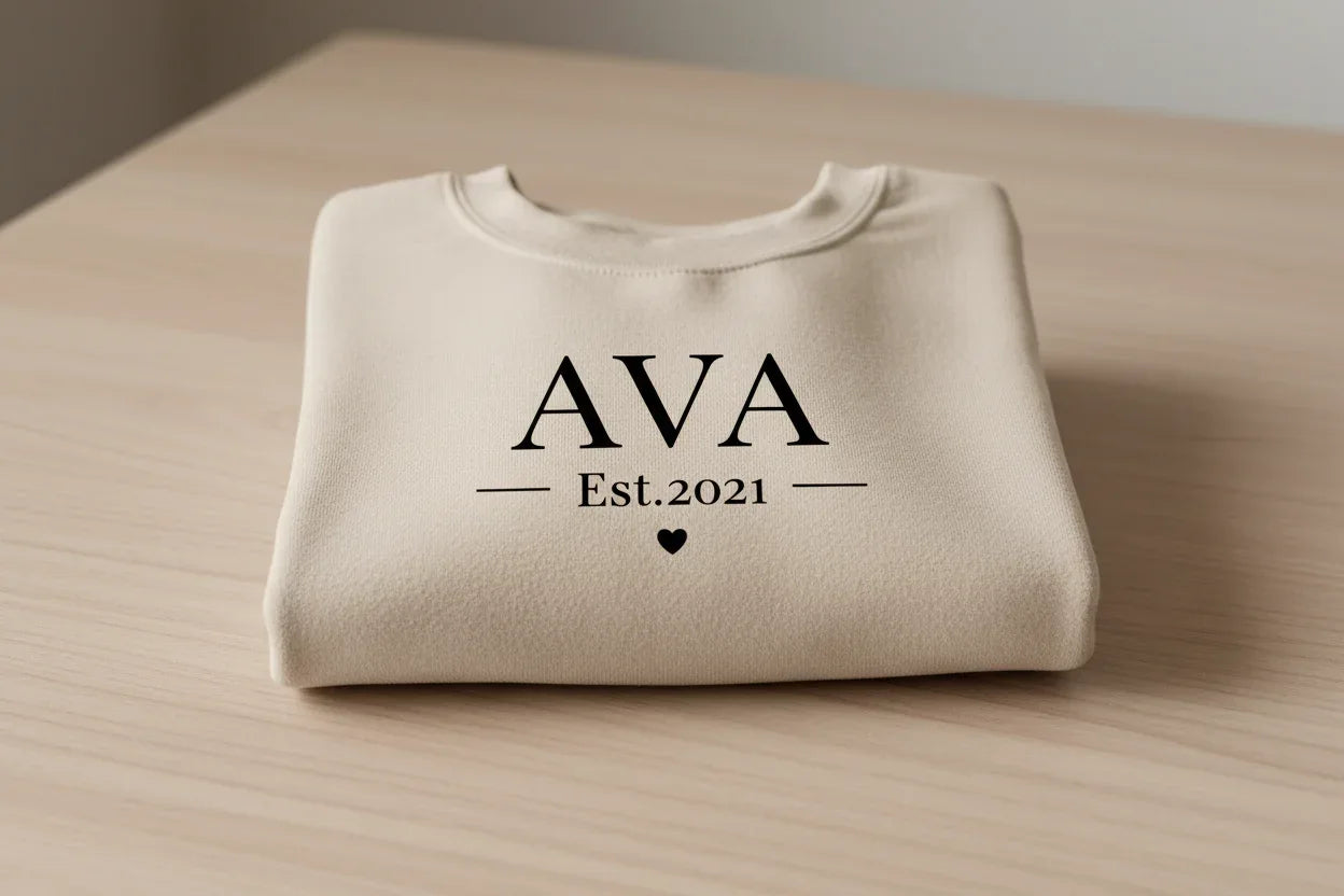 Cream personalised sweatshirt with 'AVA' Est.2021 front print and small heart