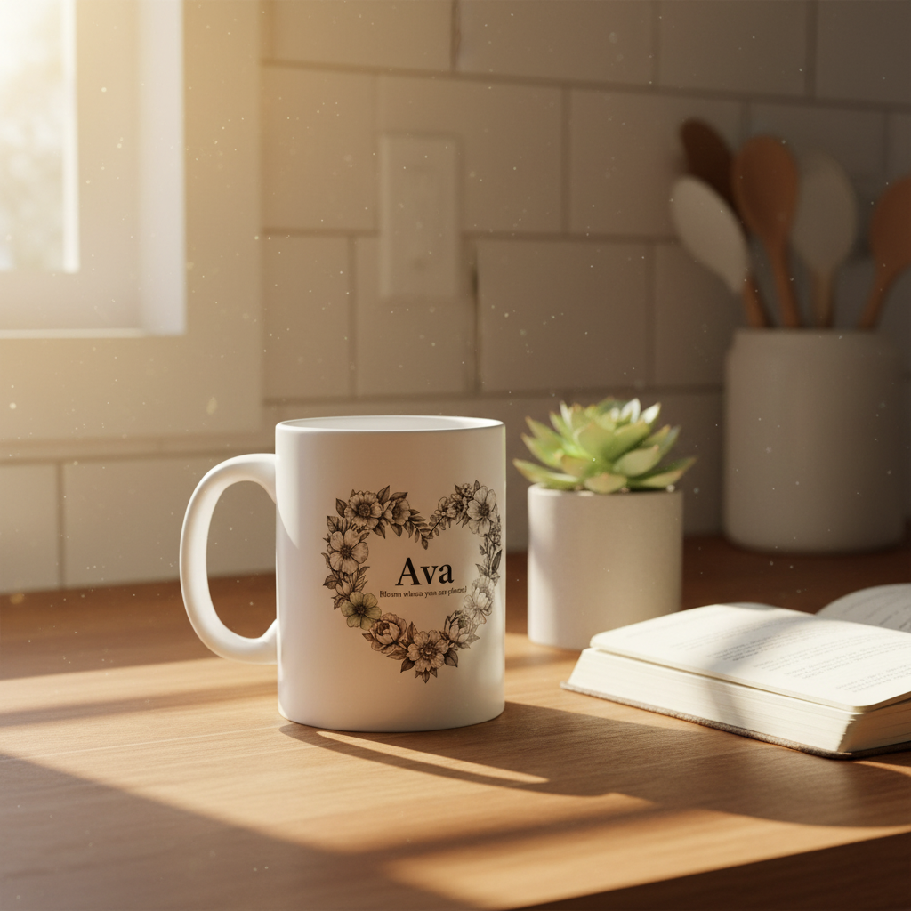 White ceramic mug with floral heart wreath and “Ava” on front