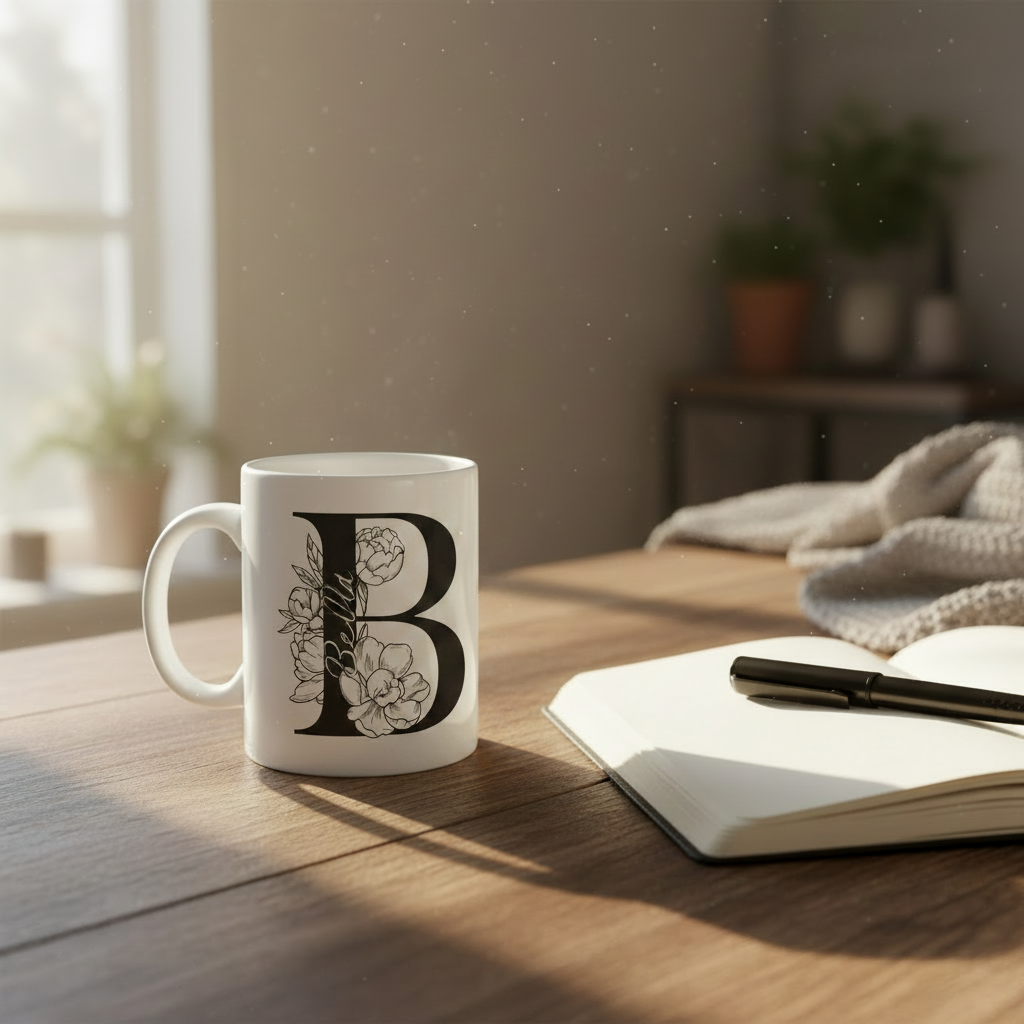 Personalised name mug with large black floral initial on white background