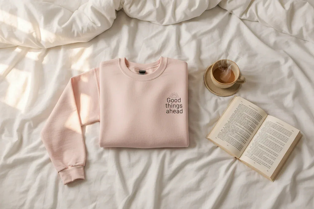 Light pink crewneck sweatshirt with "Good things ahead" print
