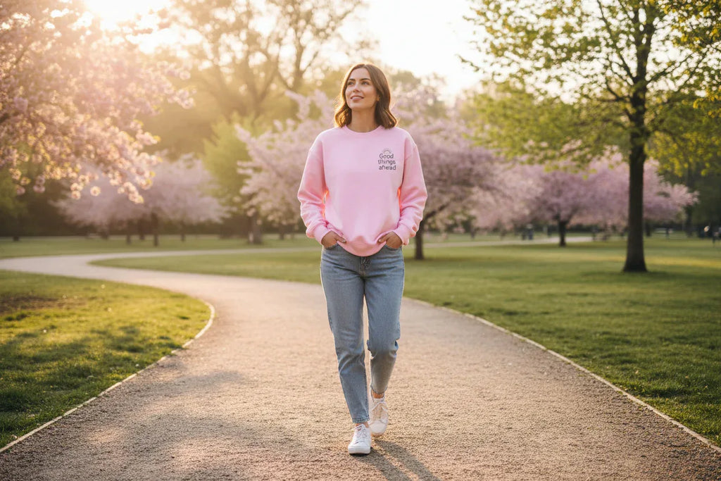 Pink crewneck sweatshirt with "Good things ahead" chest graphic