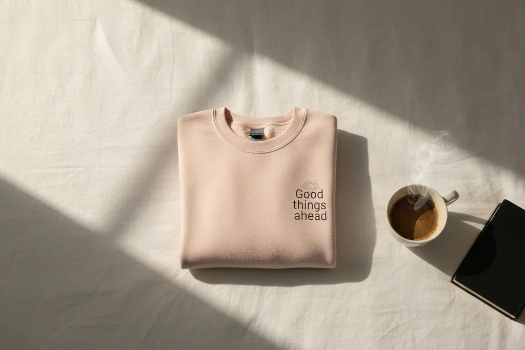 Light pink crewneck sweatshirt with small chest logo