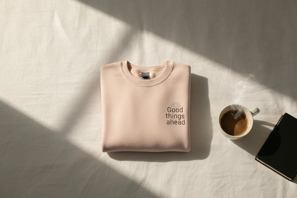 Light pink crewneck sweatshirt with small chest logo