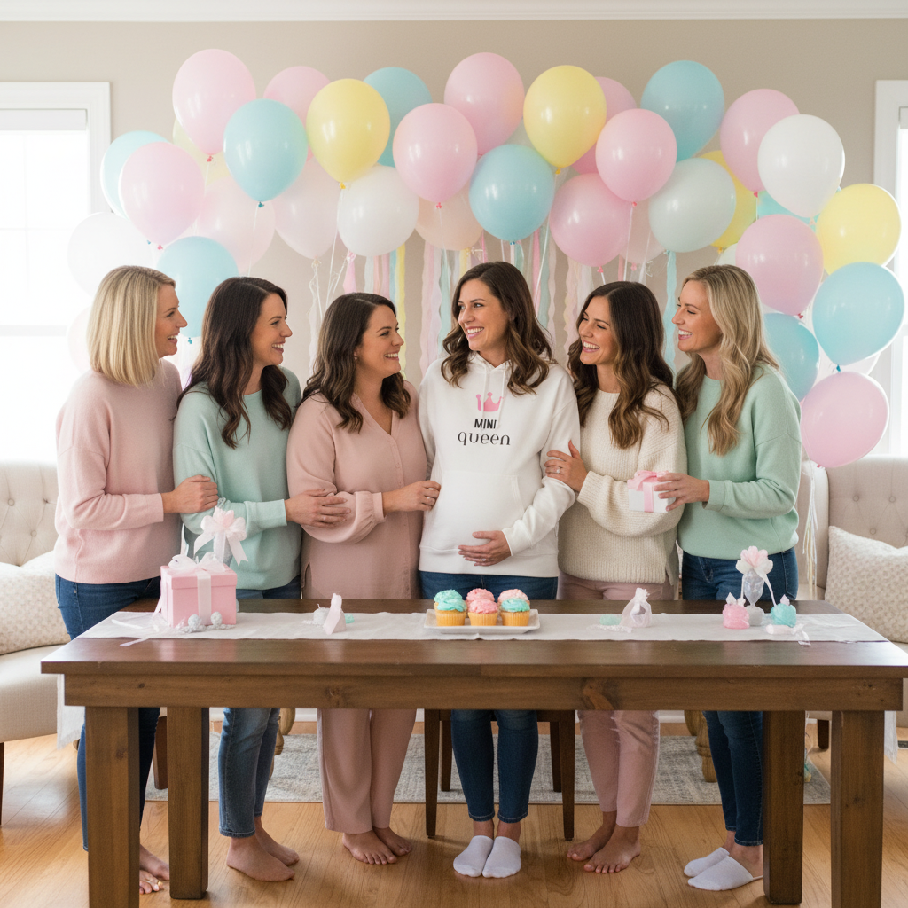 Group of people wearing white hooded sweatshirts; one shows “MINI queen” logo