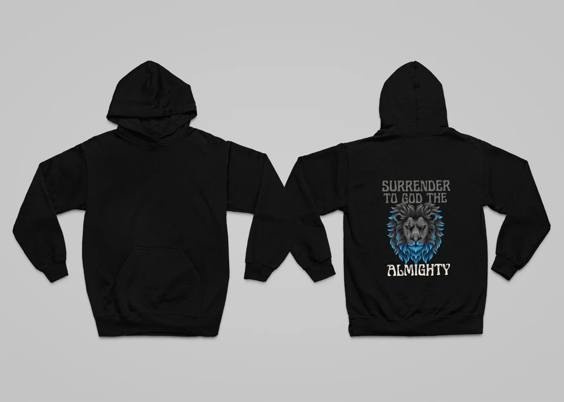 Black unisex hoodie, back print with lion face and 'Surrender to God the Almighty'