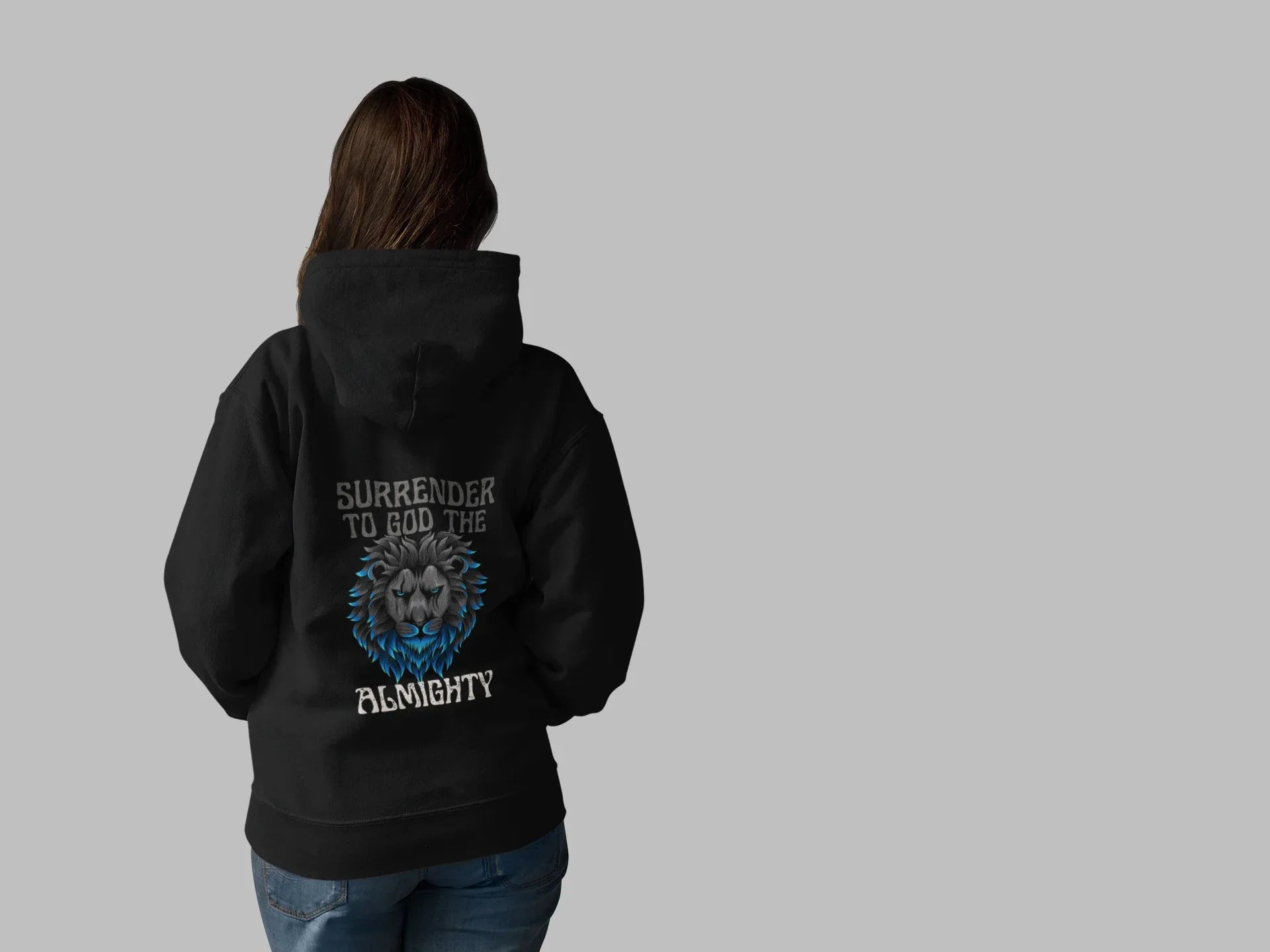 Black unisex hoodie on model, back print with blue lion face and 'ALMIGHTY' text