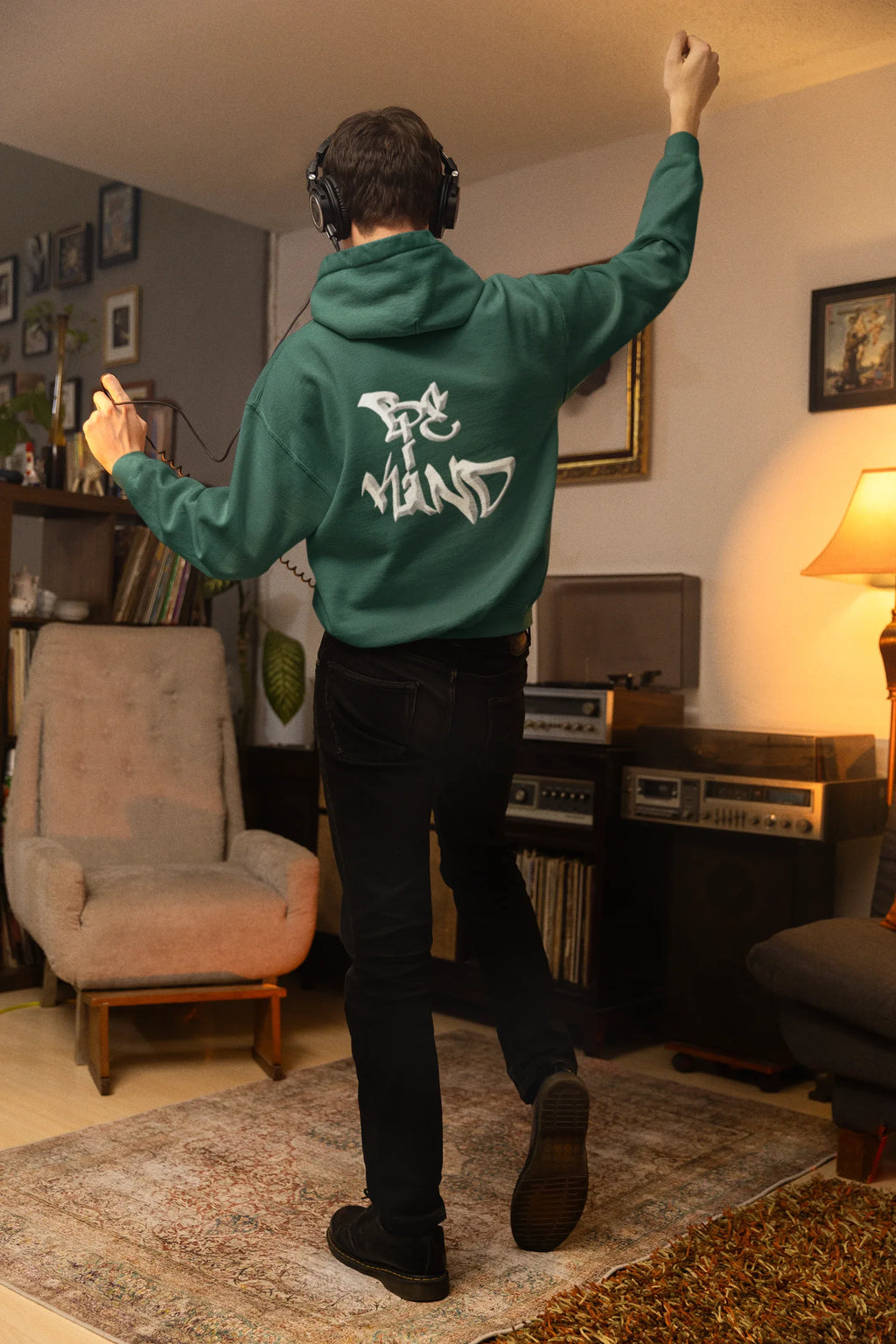 Moss green hoodie with white back logo graphic and hood