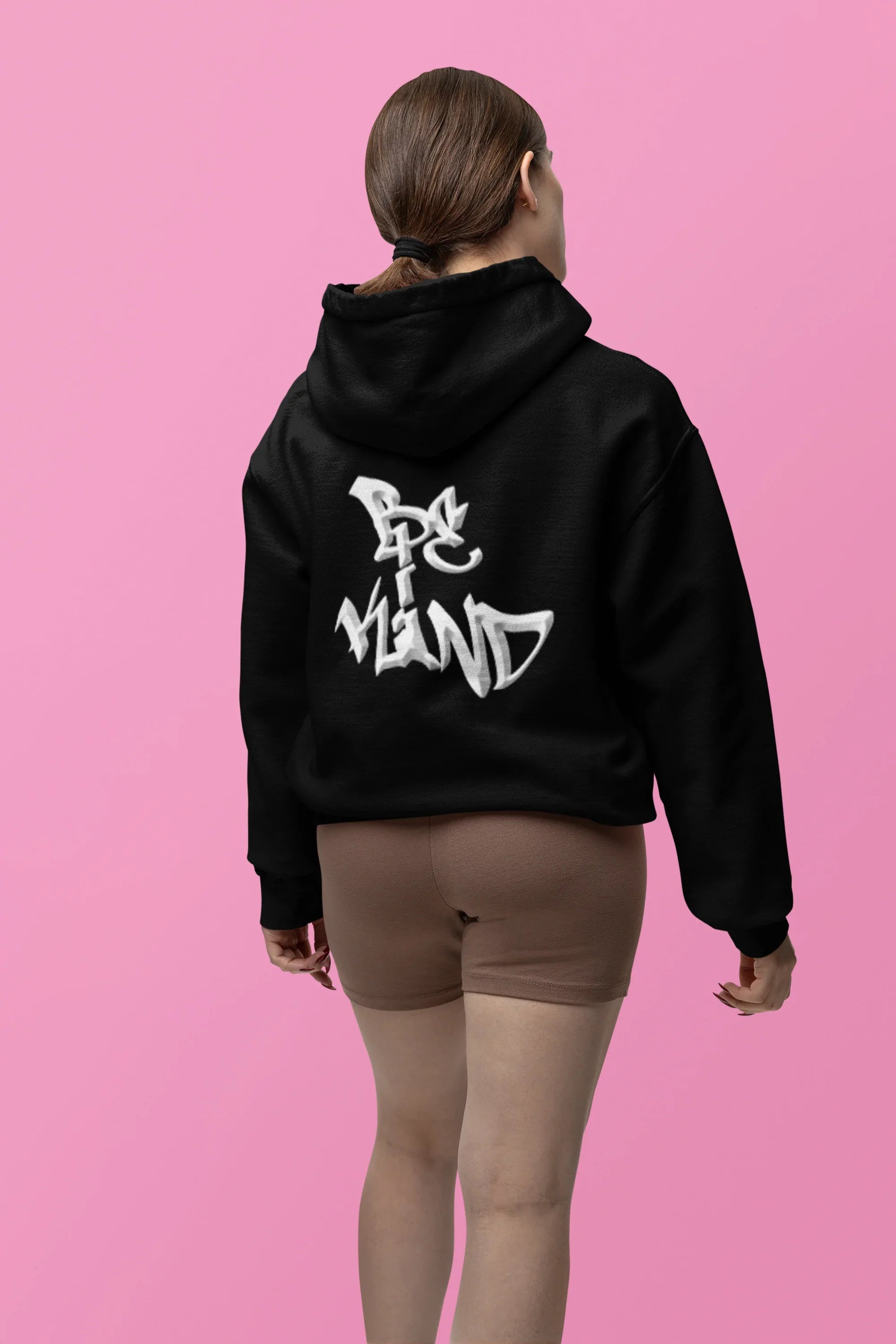 Black hoodie with bold white back logo graphic and hood