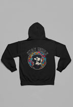 Black hooded sweatshirt with back logo graphic and long sleeves
