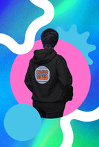 Black hoodie with hood; circular retro slogan graphic on upper back