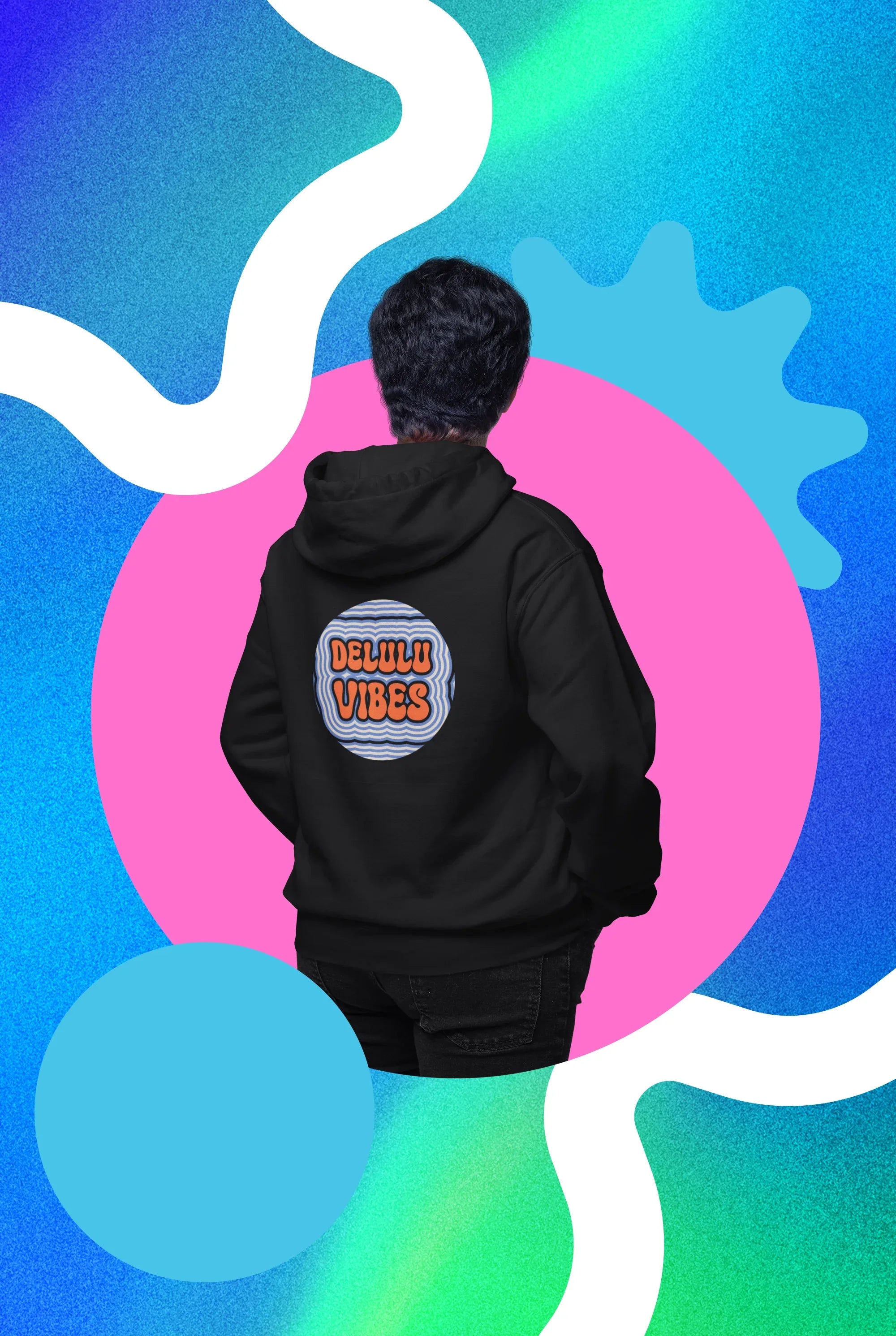 Black hoodie with hood; circular retro slogan graphic on upper back