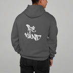 Steel gray hoodie with large white back logo graphic