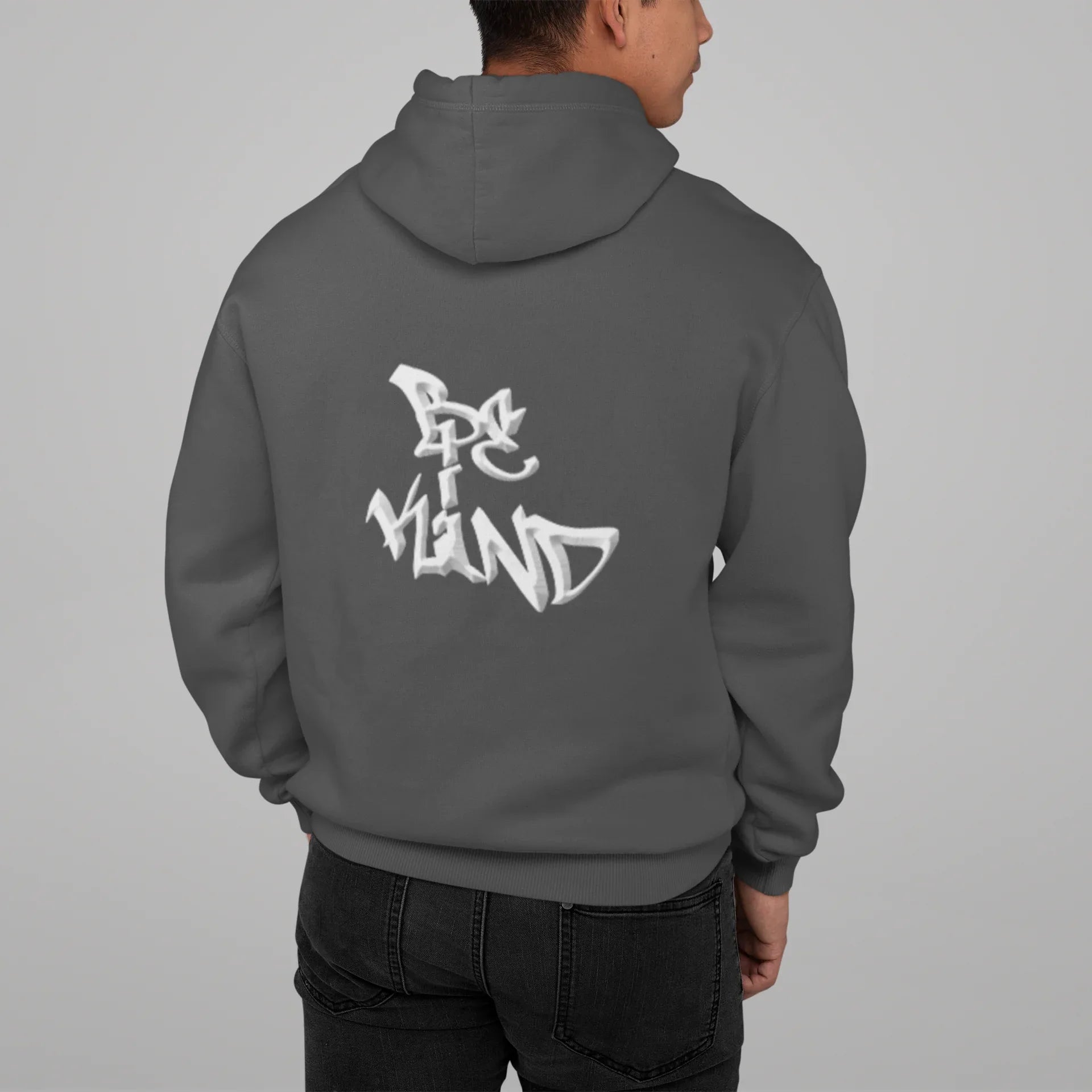 Steel gray hoodie with large white back logo graphic
