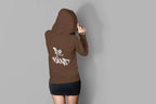 Brown hoodie with front pocket and white graphic print on back, adjustable hood.