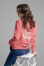 Dusty pink hoodie with small back logo graphic, pullover hood